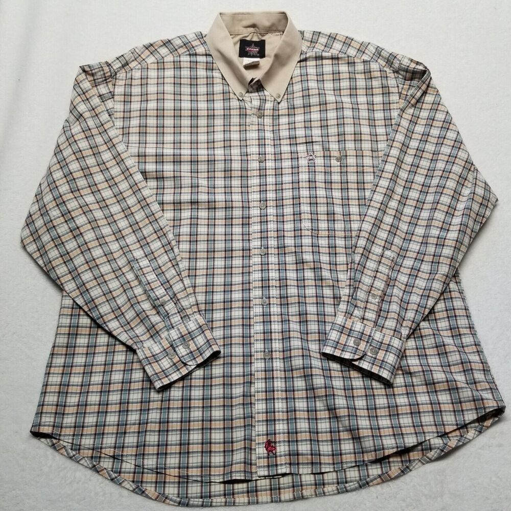 PBR Mens XL Shirt Blue Beige Plaid Contrast Collar Western Rodeo Cowboy Bull